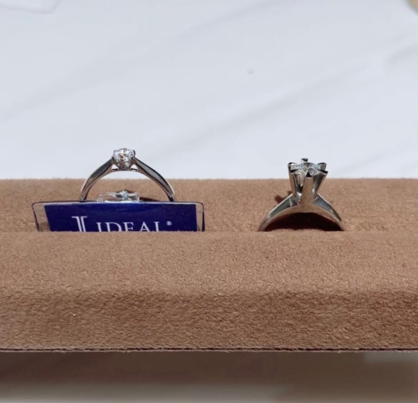 京都烏丸 譲り受けた縦爪の指輪を自分たちの婚約指輪へジュエリーリフォームして頂きました